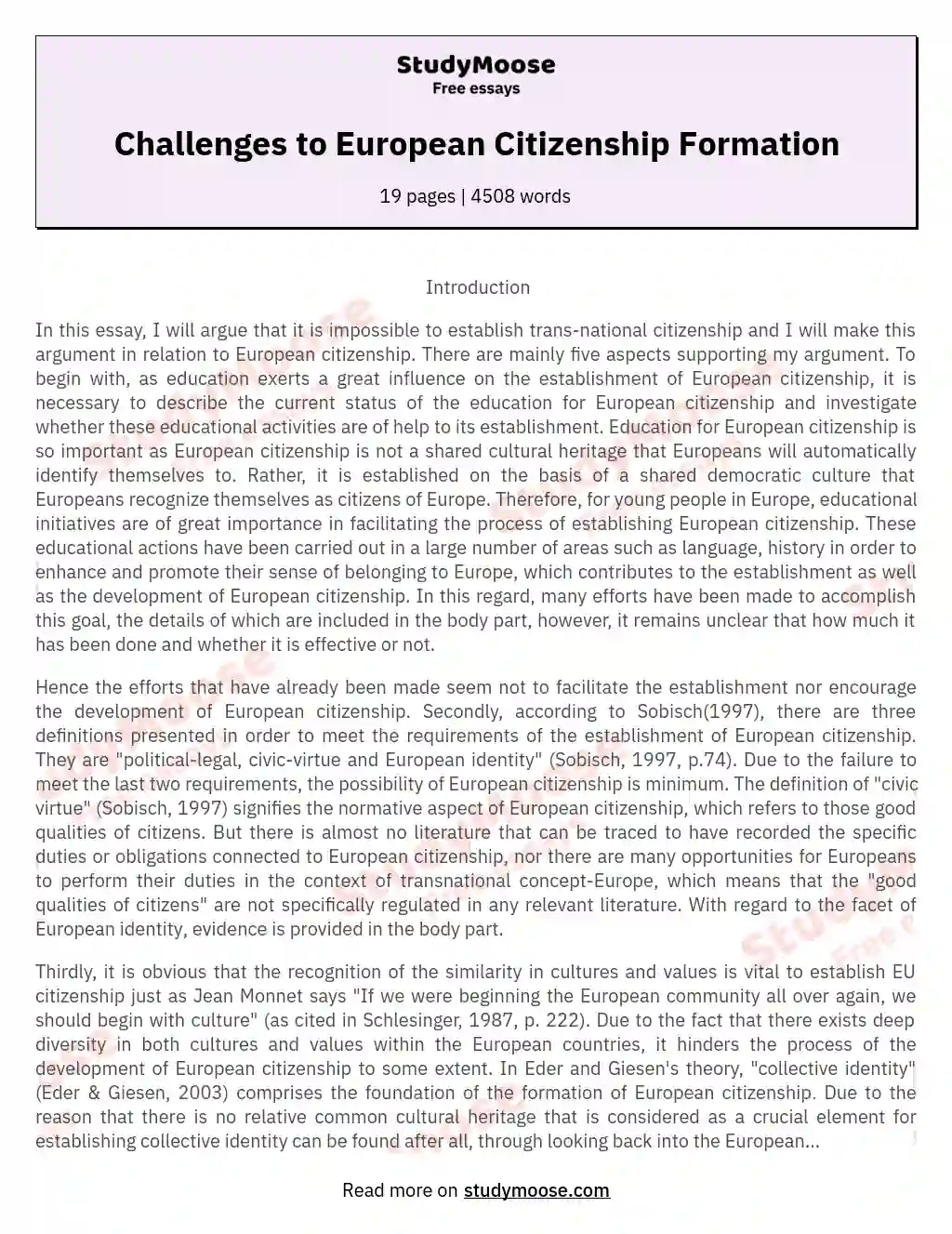 Challenges to European Citizenship Formation essay