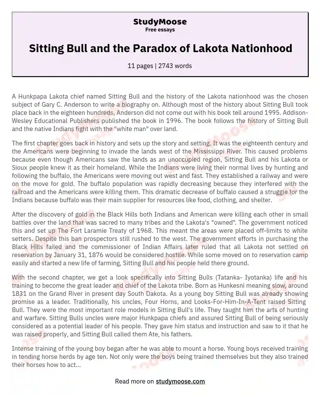 Sitting Bull: A Biography of a Lakota Chief essay