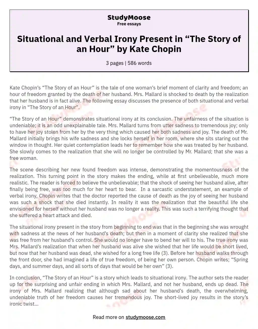 Situational and Verbal Irony Present in “The Story of an Hour” by Kate Chopin essay