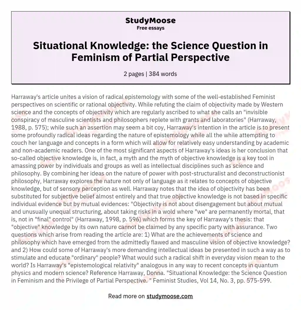 Situational Knowledge: the Science Question in Feminism  of Partial Perspective essay