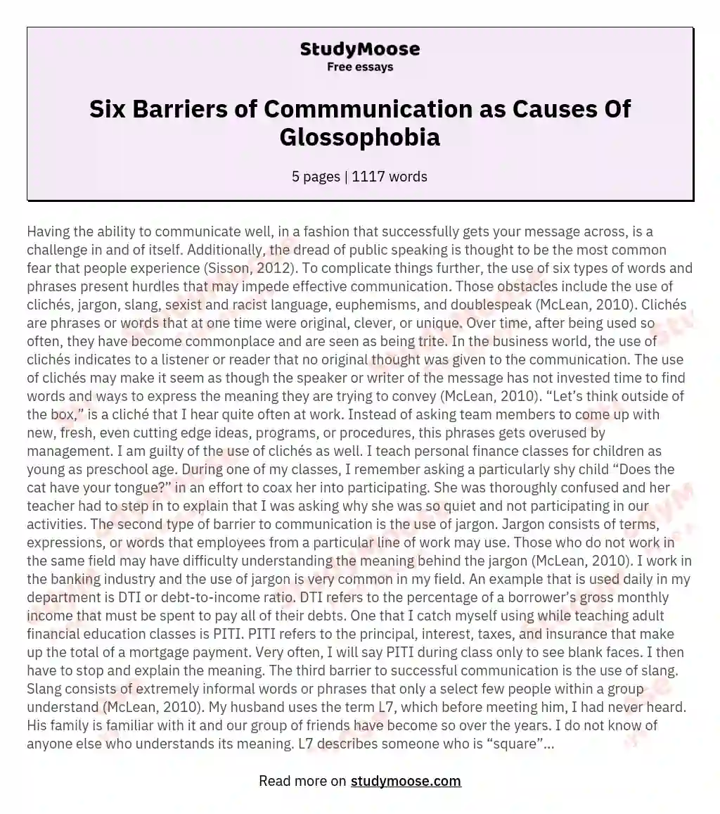Six Barriers of Commmunication as Causes Of Glossophobia essay