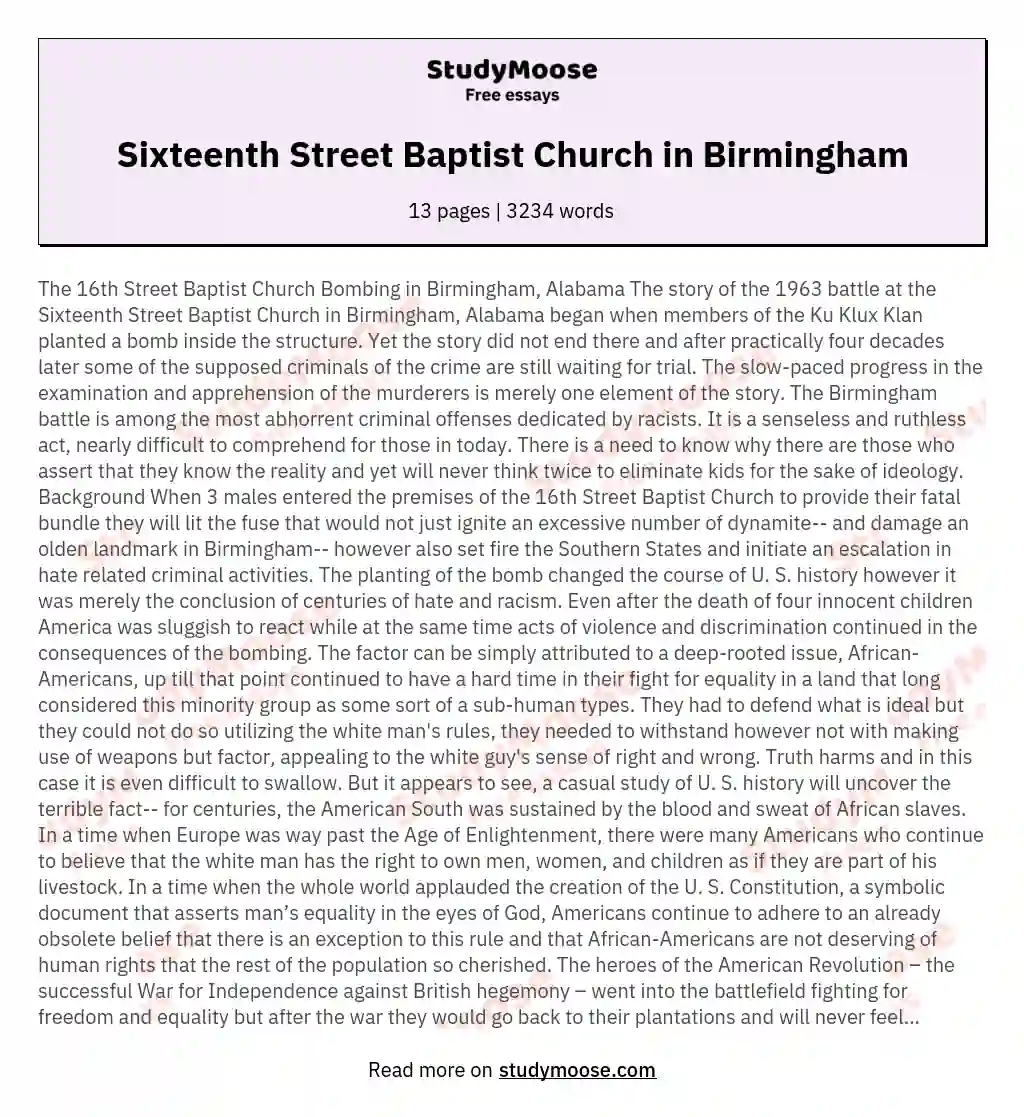 Sixteenth Street Baptist Church in Birmingham essay