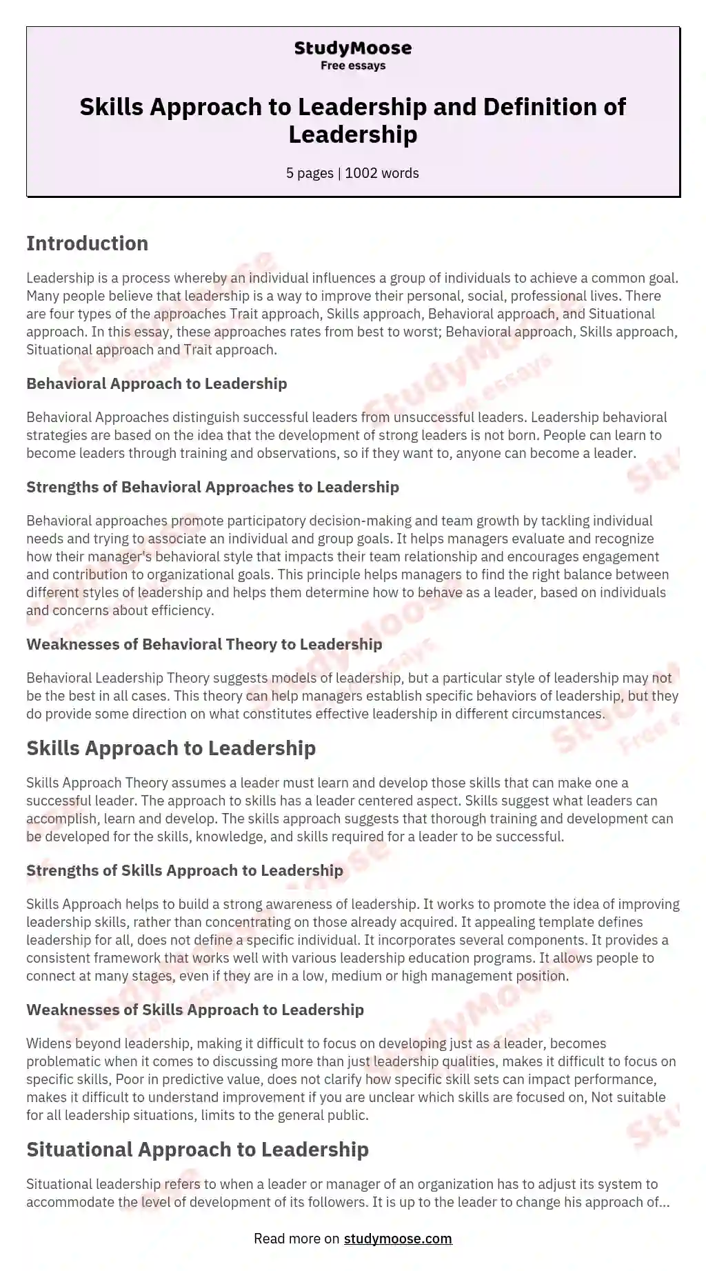 Skills Approach to Leadership and Definition of Leadership