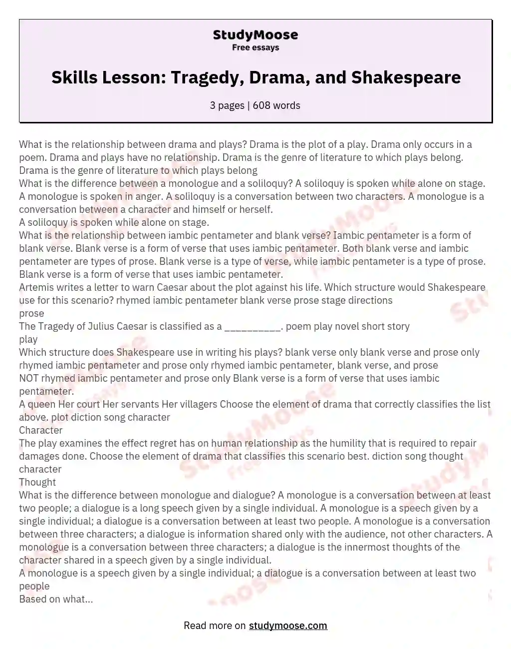 Skills Lesson: Tragedy, Drama, and Shakespeare essay