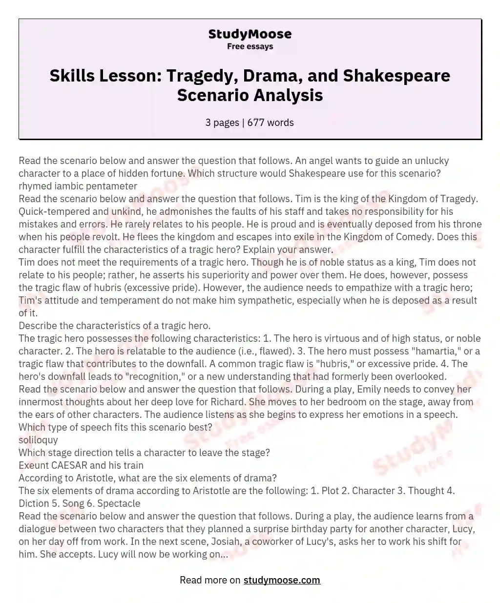 Skills Lesson: Tragedy, Drama, and Shakespeare Scenario Analysis essay