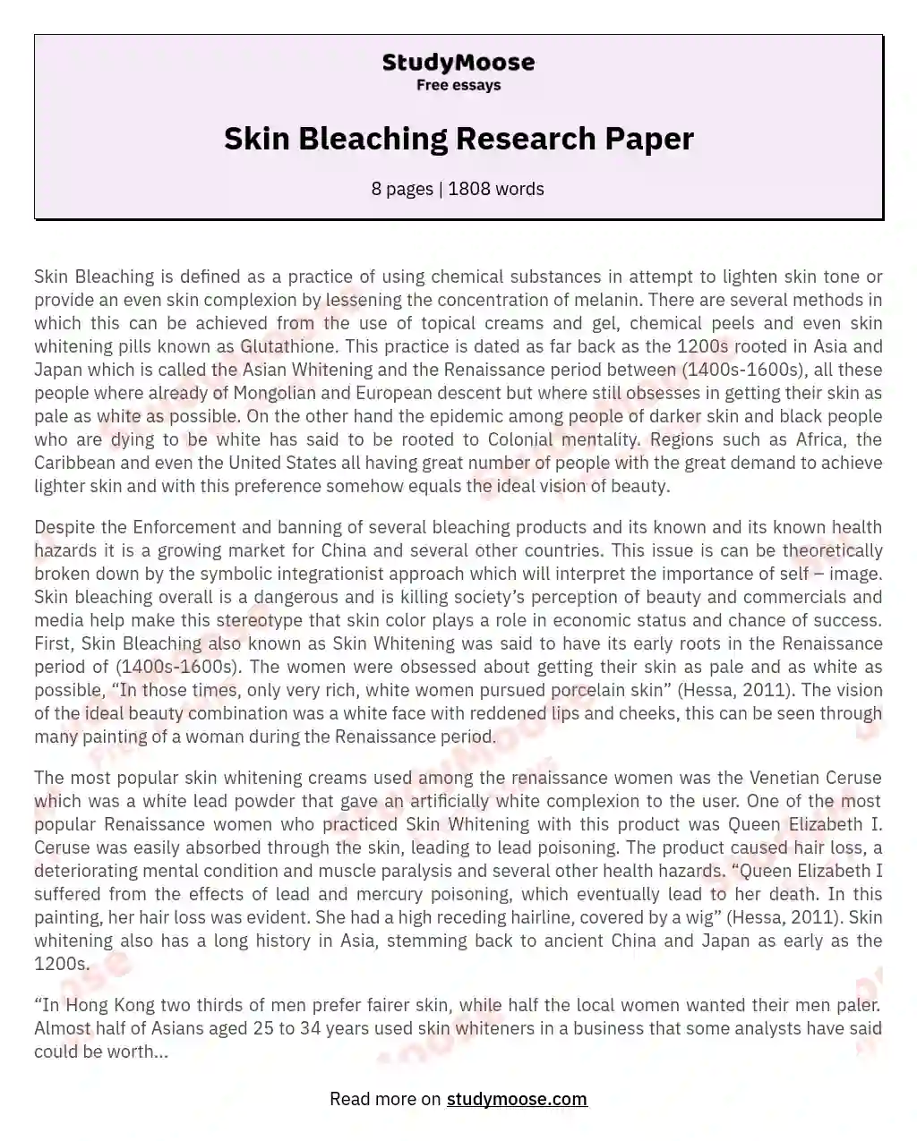 Skin Bleaching Research Paper