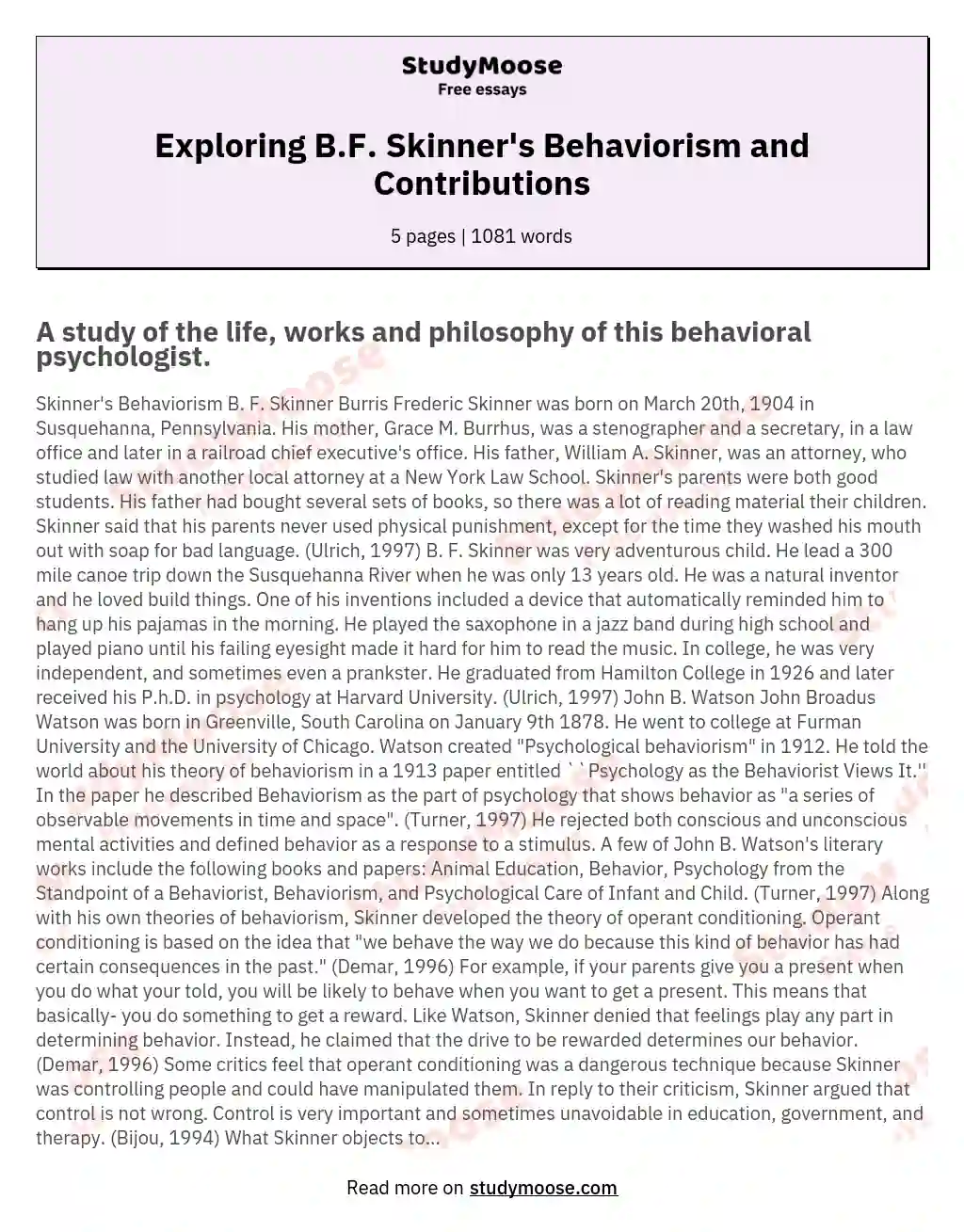 Exploring B.F. Skinner's Behaviorism and Contributions essay