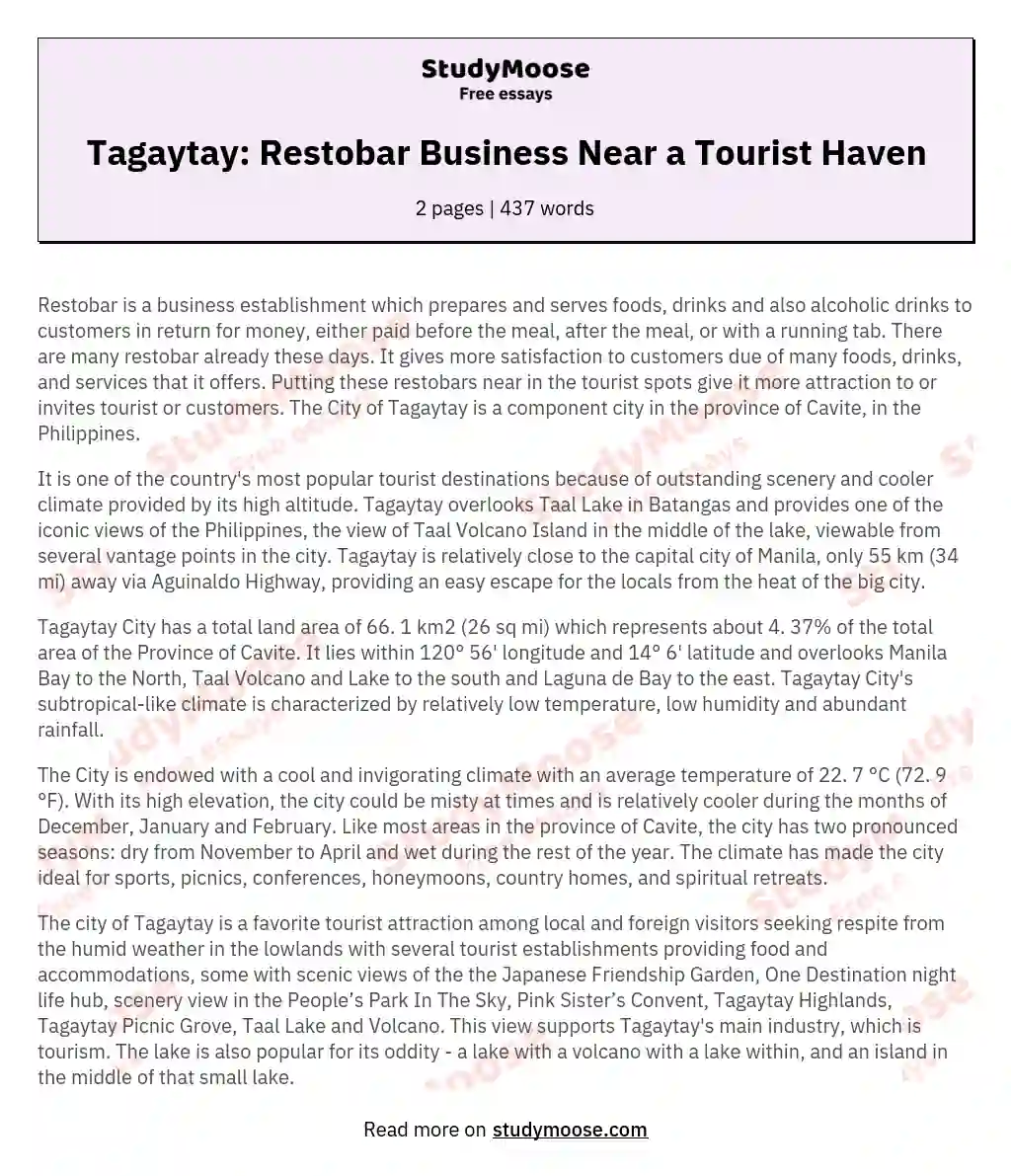 Tagaytay: Restobar Business Near a Tourist Haven essay