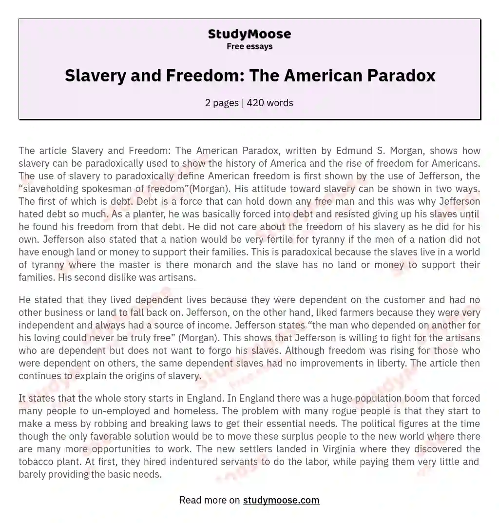 Slavery and Freedom: The American Paradox essay