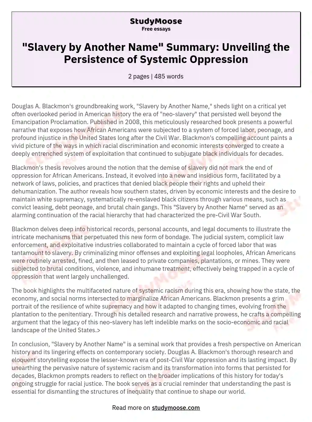 "Slavery by Another Name" Summary: Unveiling the Persistence of Systemic Oppression essay