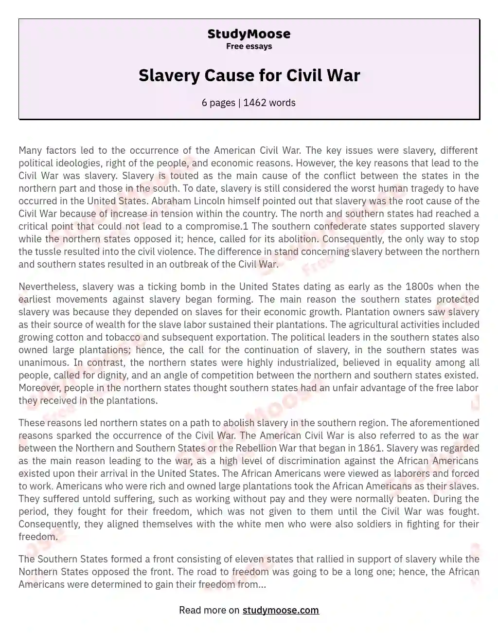 Slavery Cause for Civil War essay