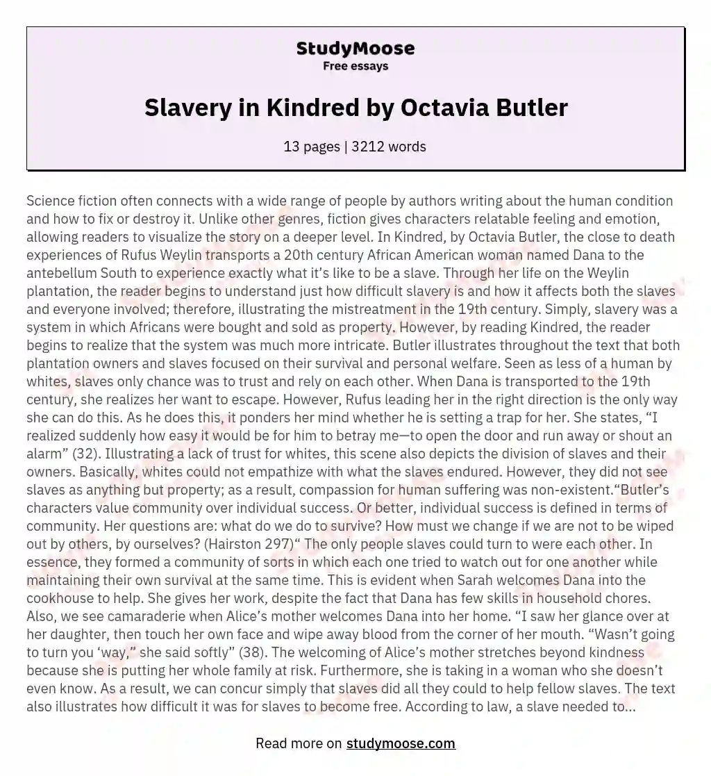 Slavery in Kindred by Octavia Butler essay