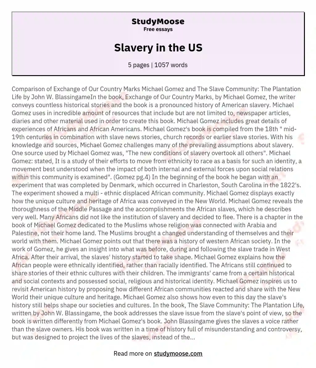 Slavery in the US essay