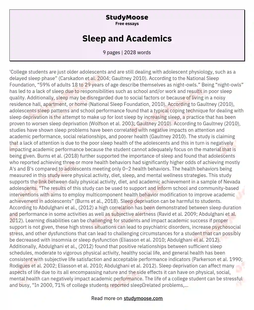 Sleep and Academics essay