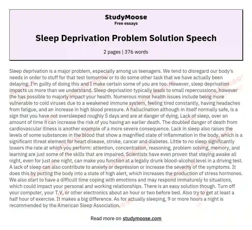 Sleep Deprivation Problem Solution Speech essay