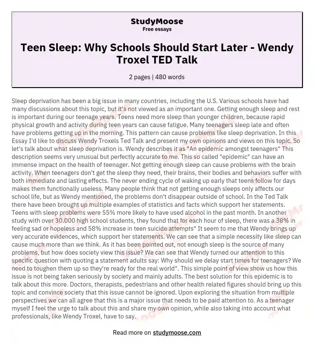 Teen Sleep: Why Schools Should Start Later - Wendy Troxel TED Talk essay