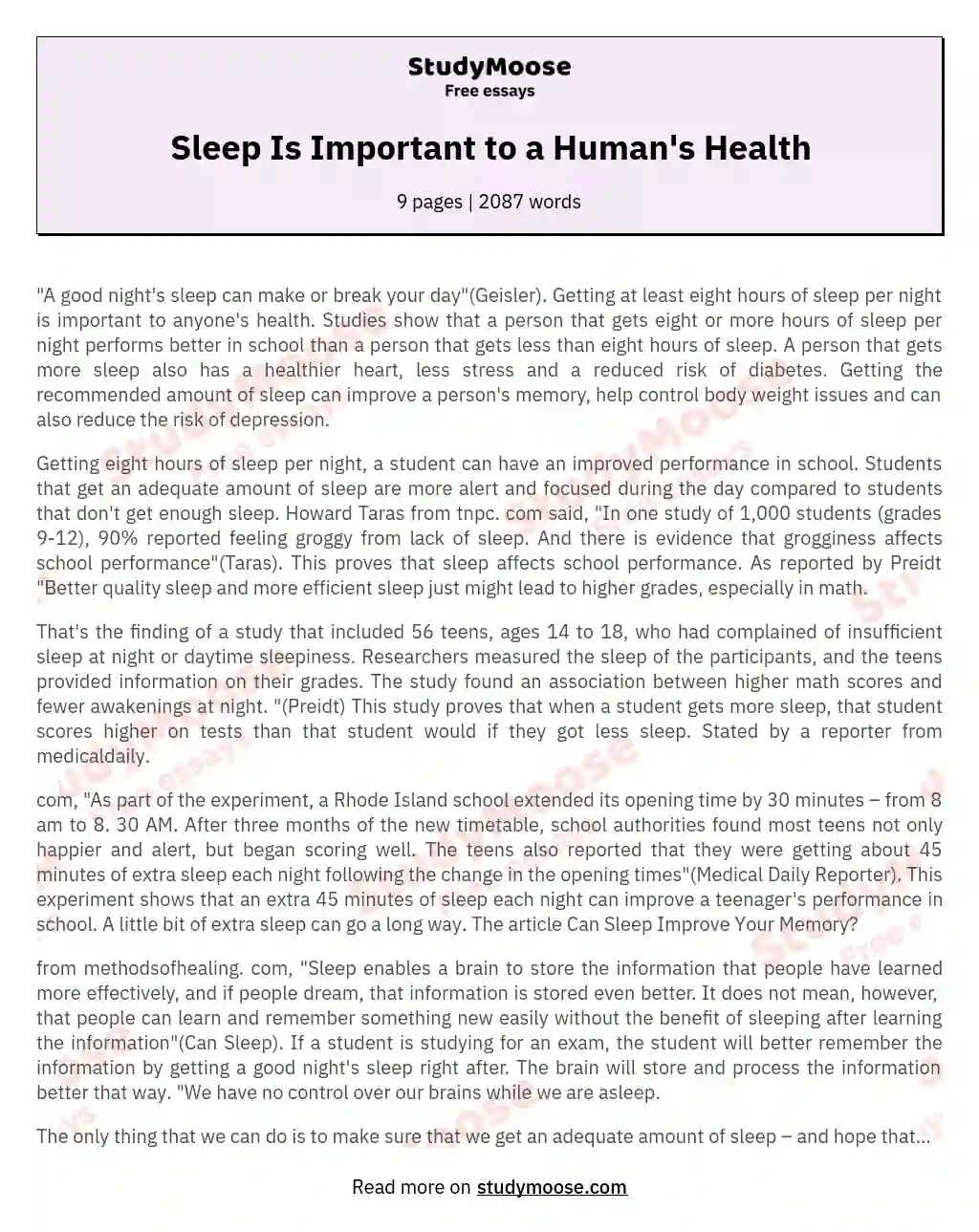 Sleep Is Important to a Human's Health essay