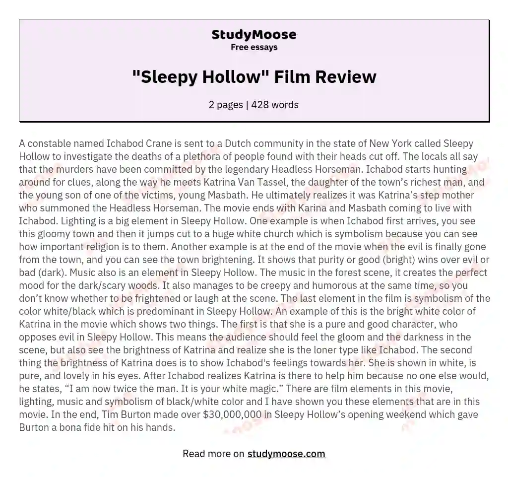 "Sleepy Hollow" Film Review essay