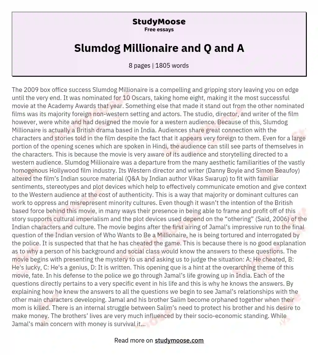 Slumdog Millionaire and Q and A essay