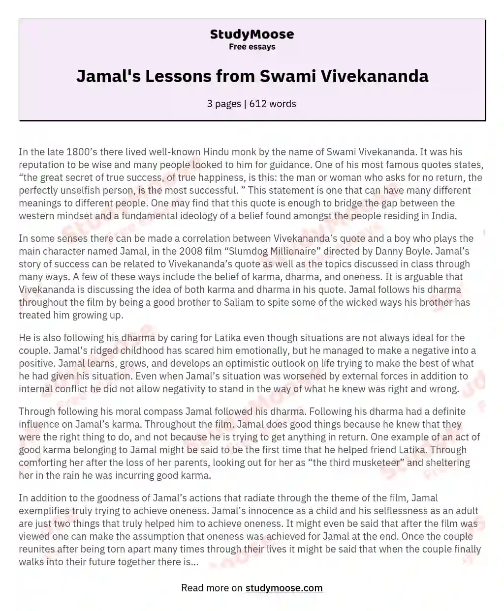 Jamal's Lessons from Swami Vivekananda essay