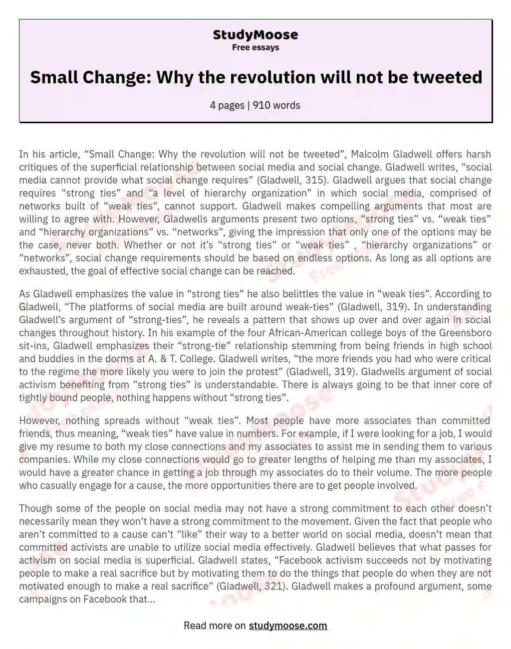 Small Change: Why the revolution will not be tweeted essay
