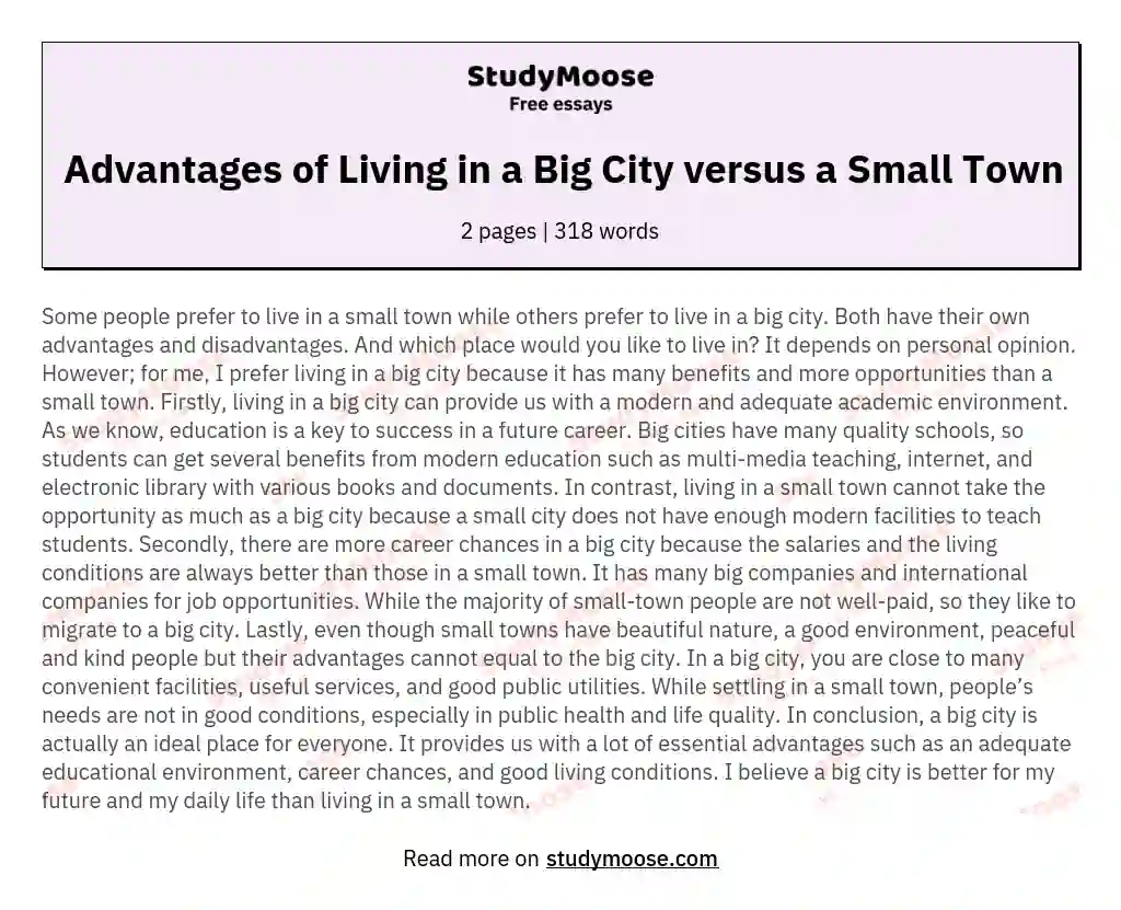 Advantages of Living in a Big City versus a Small Town essay