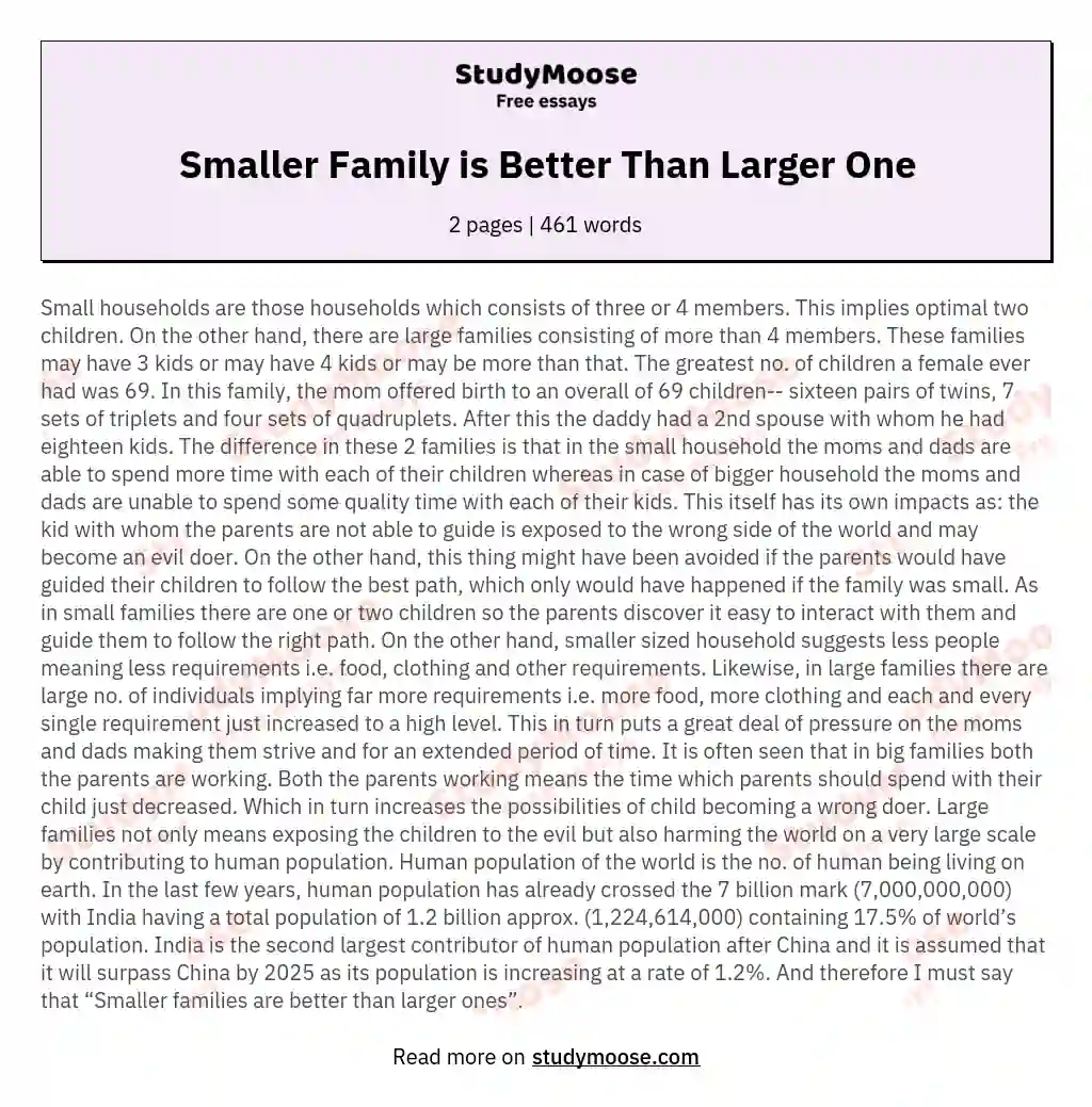 Smaller Family is Better Than Larger One essay