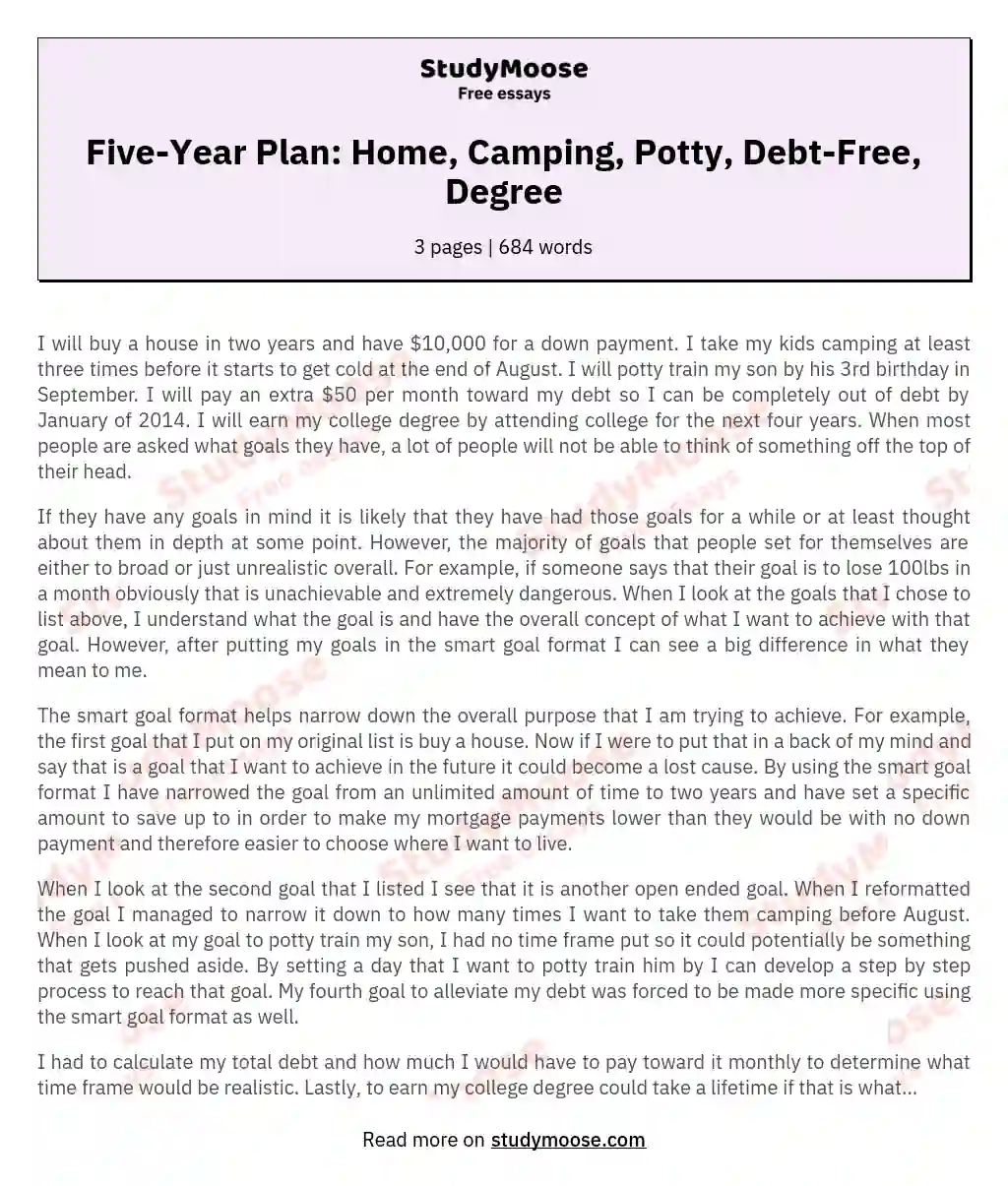 Five-Year Plan: Home, Camping, Potty, Debt-Free, Degree