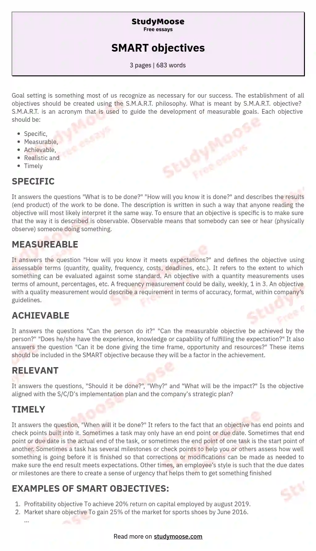 SMART Objectives Free Essay Example