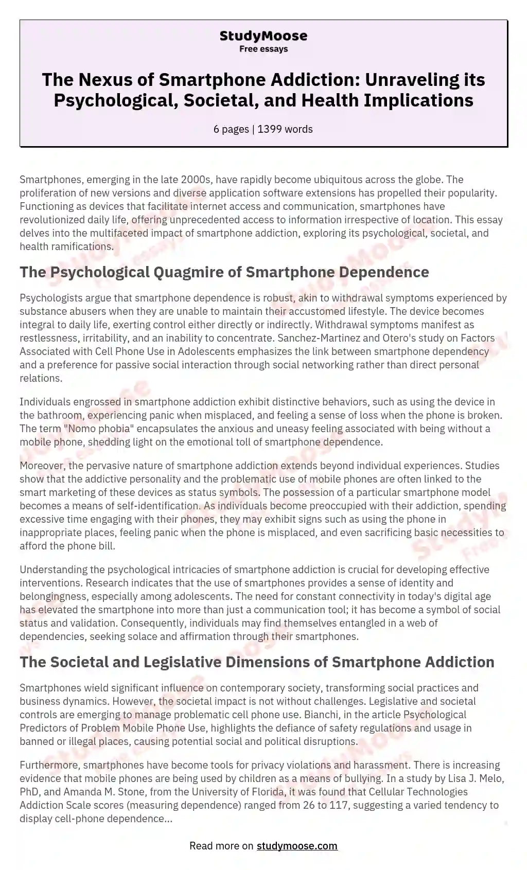 The Nexus of Smartphone Addiction: Unraveling its Psychological, Societal, and Health Implications essay
