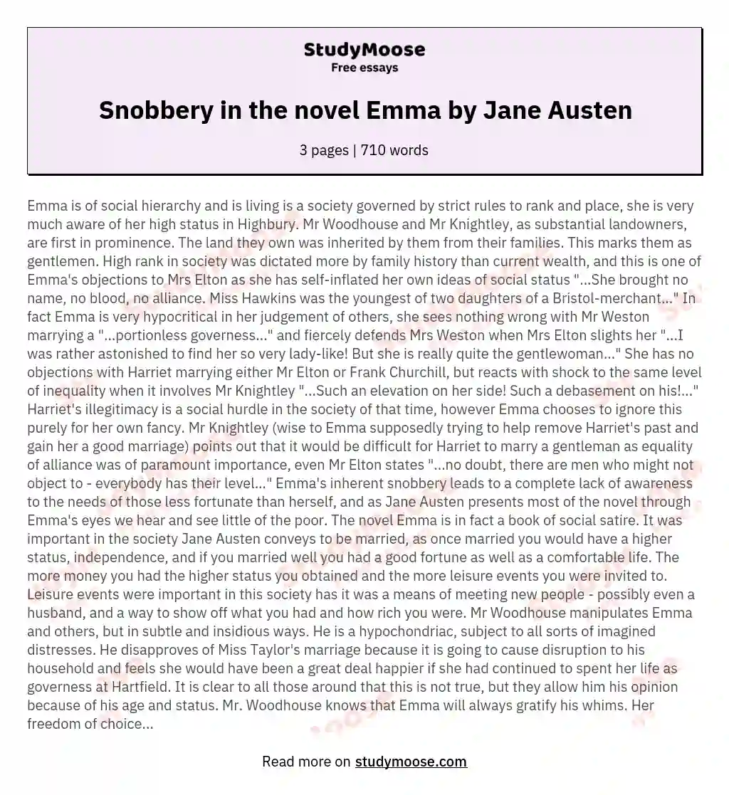 Snobbery in the novel Emma by Jane Austen