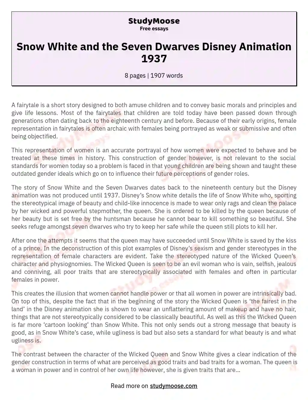 Snow White and the Seven Dwarves Disney Animation 1937 essay