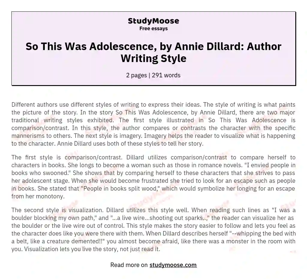 So This Was Adolescence, by Annie Dillard: Author Writing Style essay