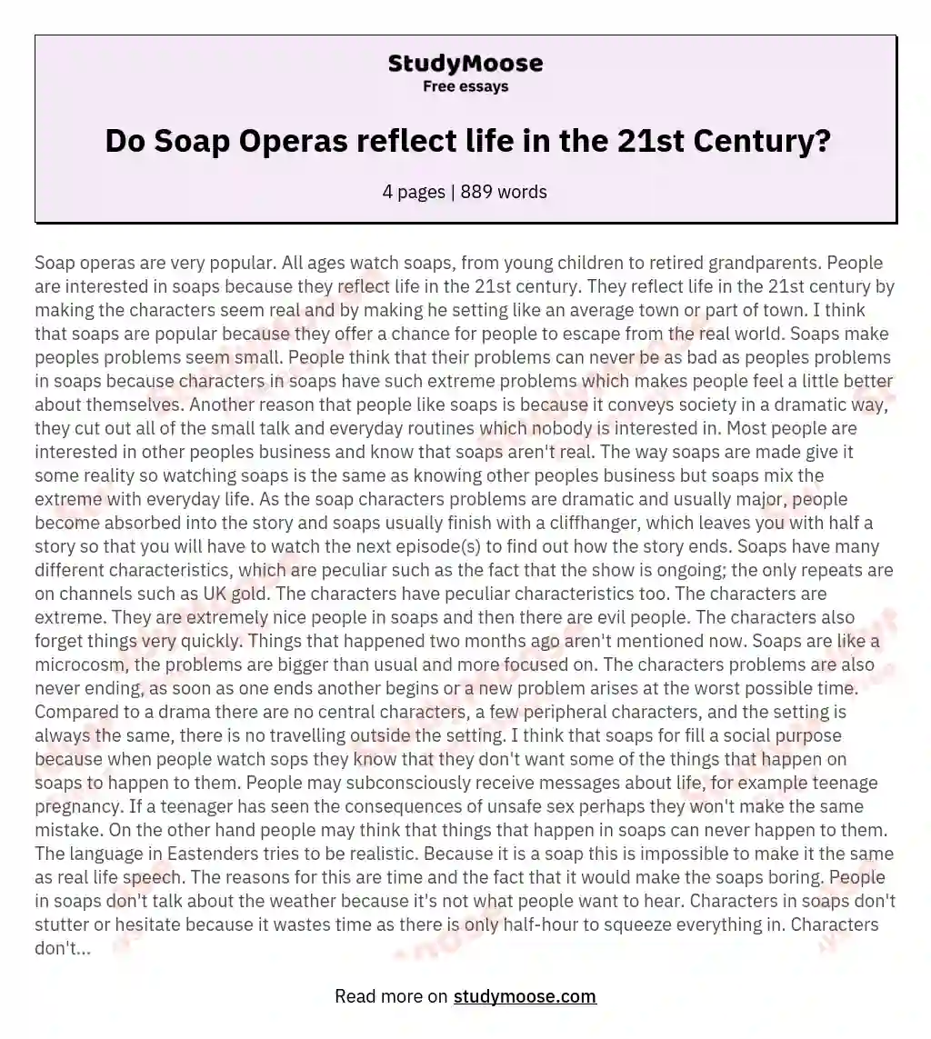 Do Soap Operas reflect life in the 21st Century? essay