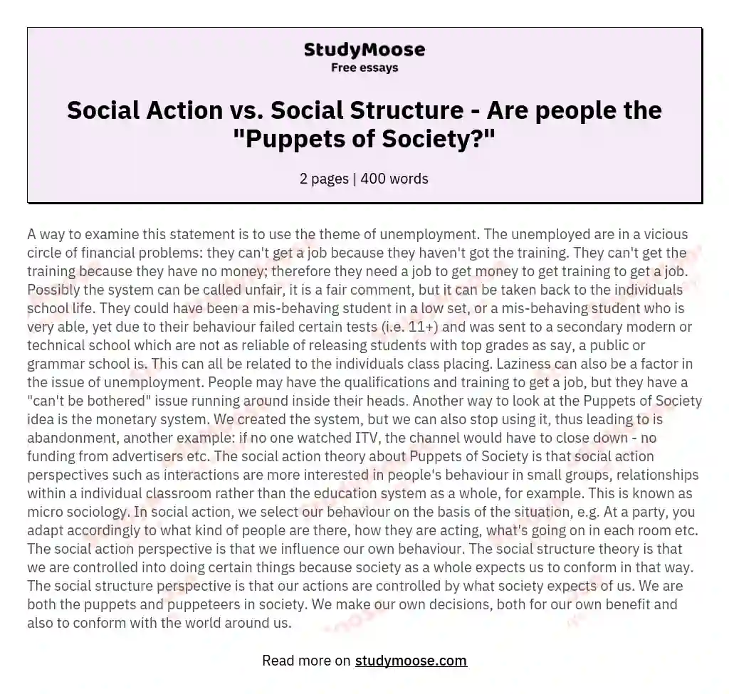The Interplay of Social Action and Social Structure in the "Puppets of Society" Paradigm essay