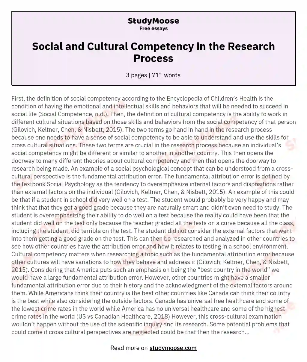 Social and Cultural Competency in the Research Process essay