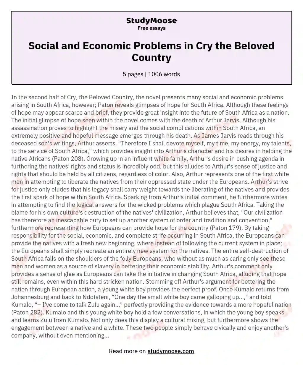 Social and Economic Problems in Cry the Beloved Country