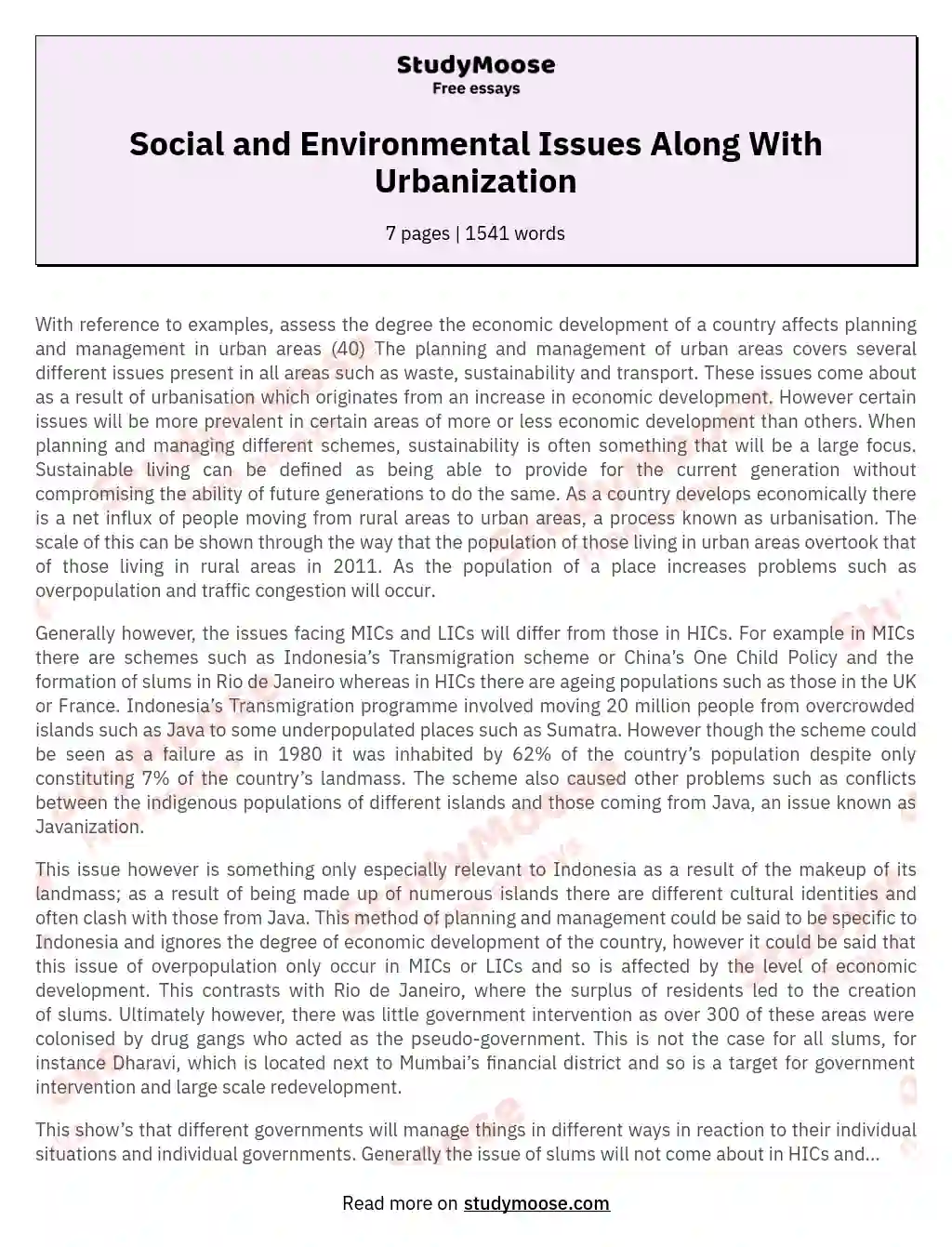 Social and Environmental Issues Along With Urbanization essay