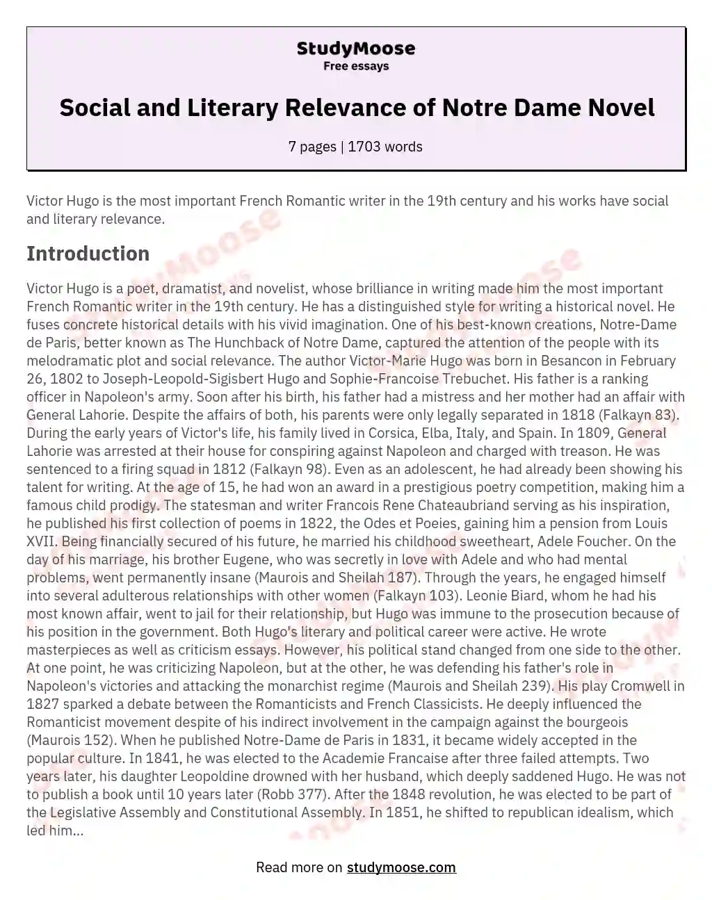 Social and Literary Relevance of Notre Dame Novel essay