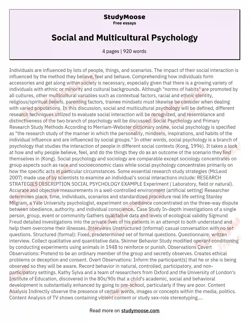 Social and Multicultural Psychology essay