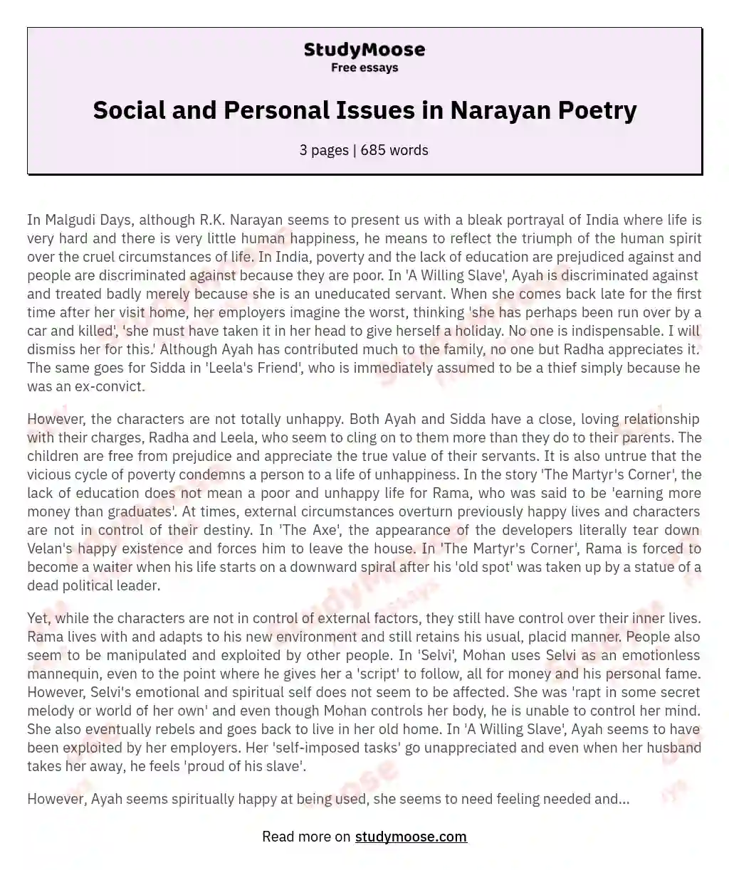 Social and Personal Issues in Narayan Poetry essay