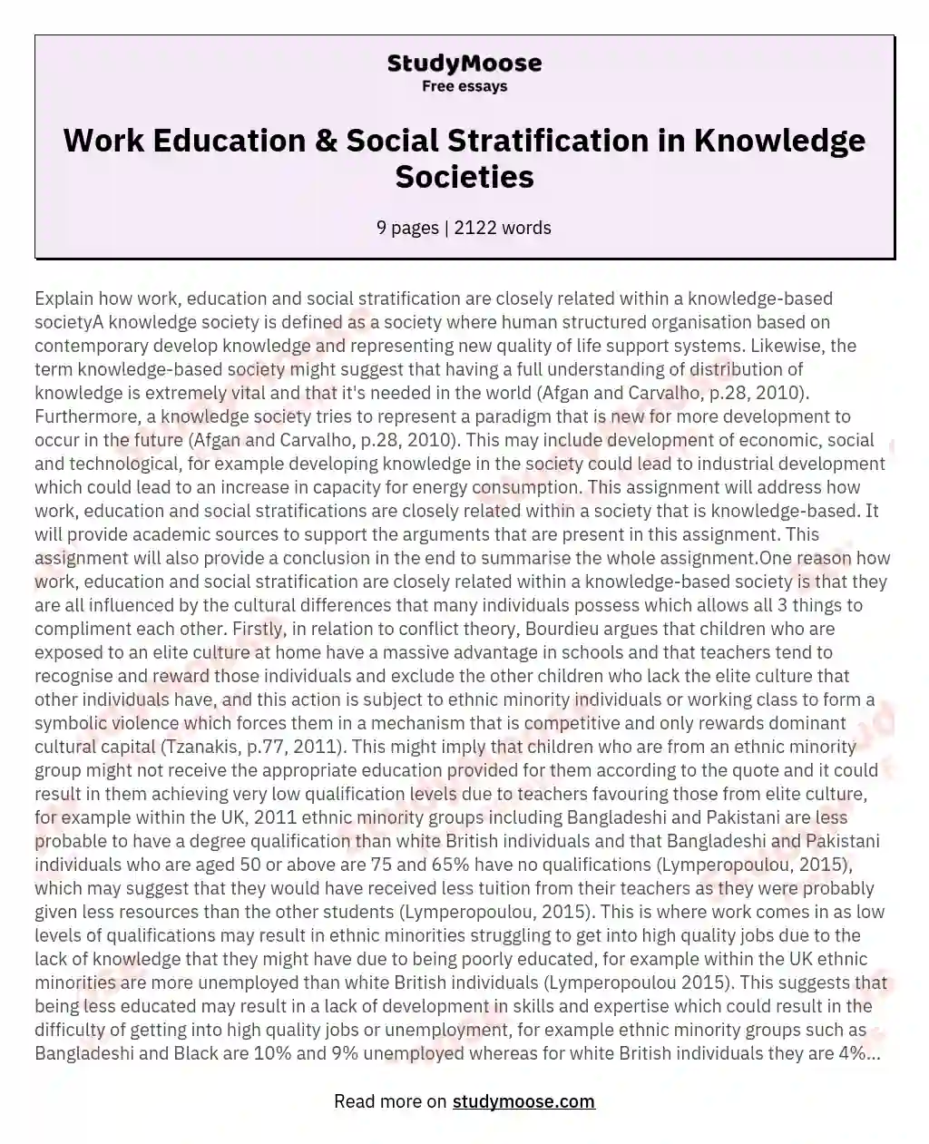 Work Education & Social Stratification in Knowledge Societies essay