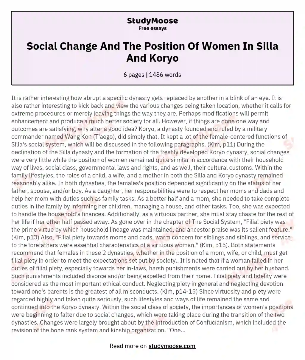 Social Change And The Position Of Women In Silla And Koryo essay