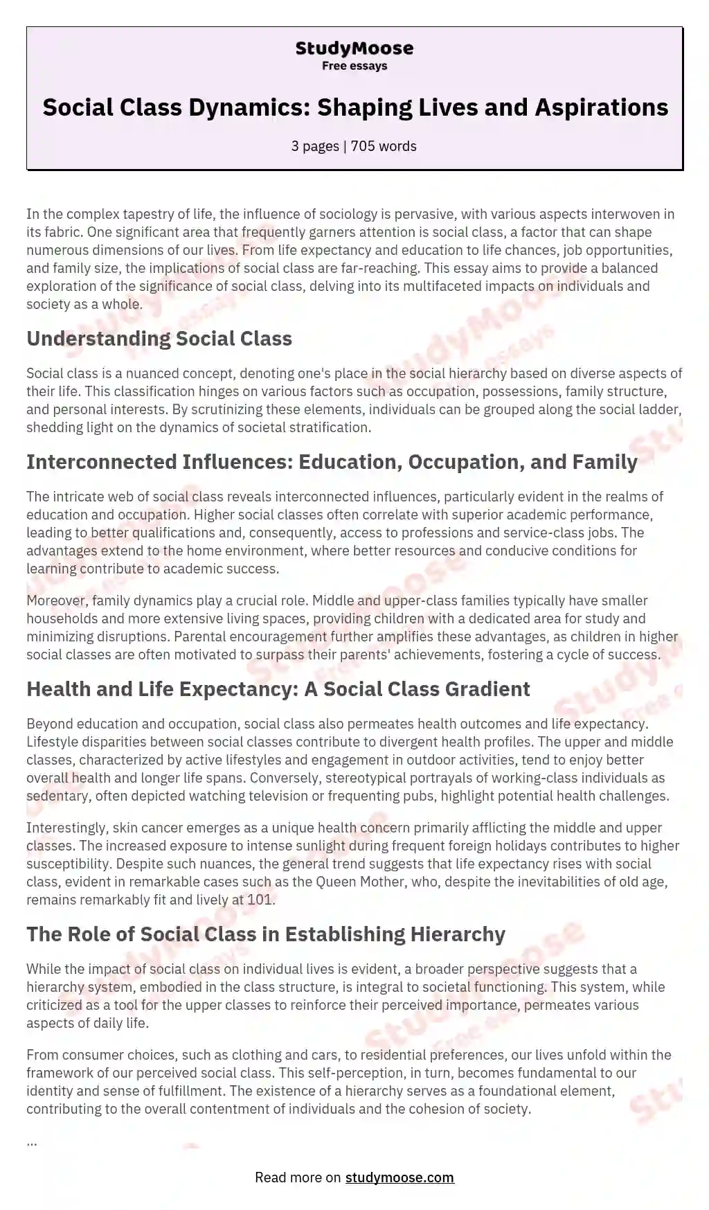 Social Class Dynamics: Shaping Lives and Aspirations essay