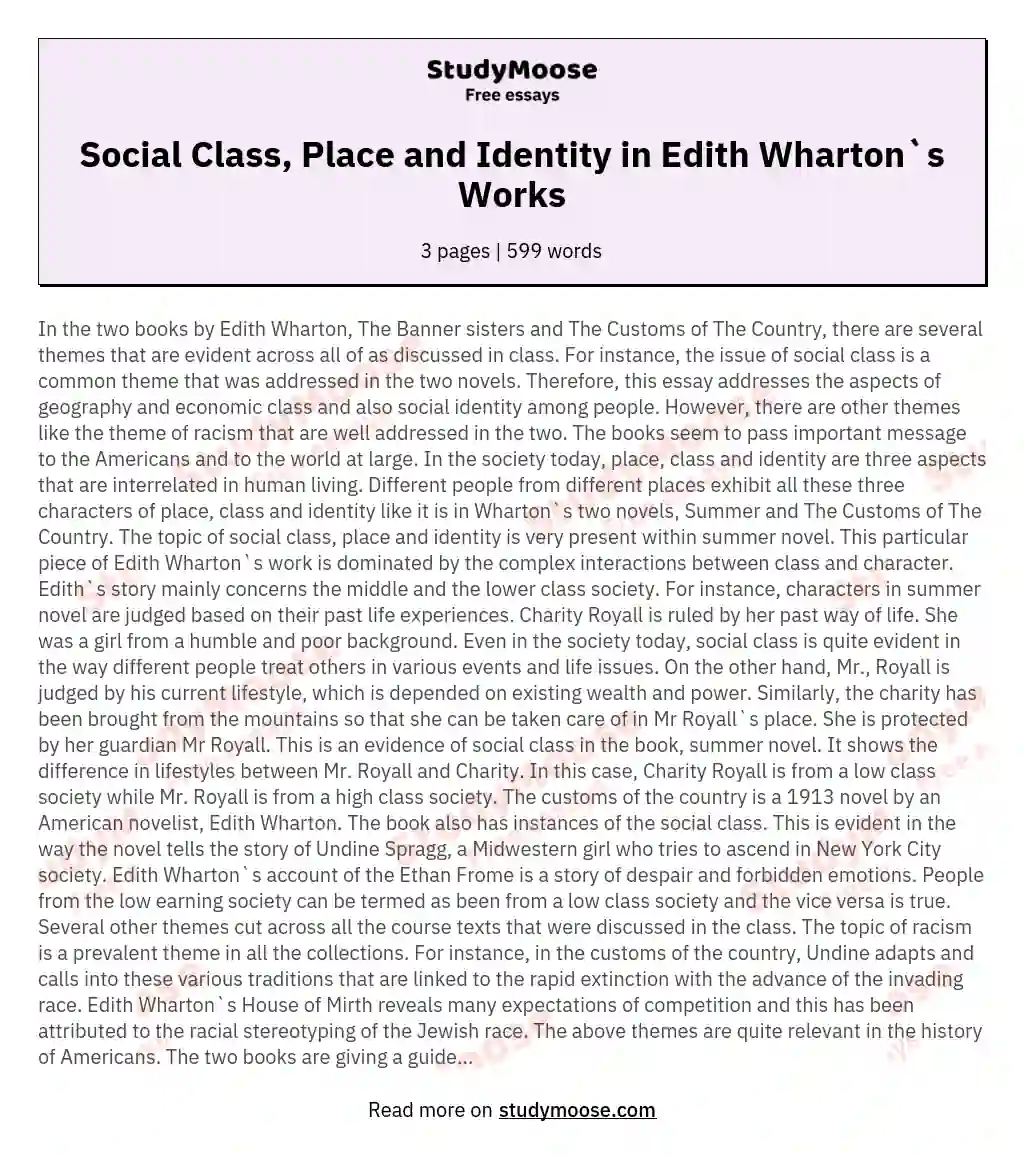 Social Class, Place and Identity in Edith Wharton`s Works essay