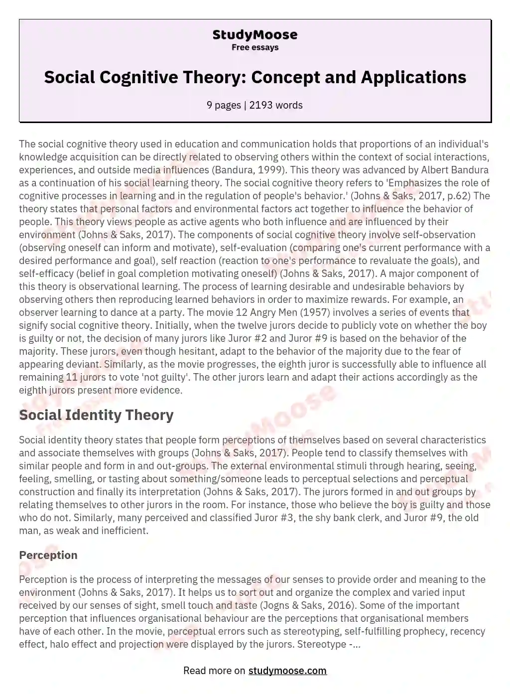 Social Cognitive Theory: Concept and Applications essay