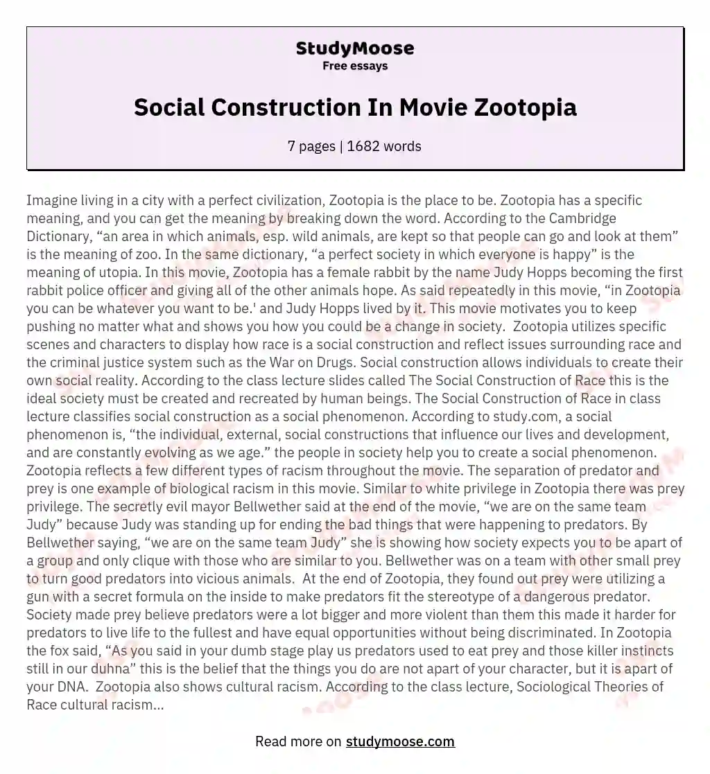 Social Construction In Movie Zootopia essay