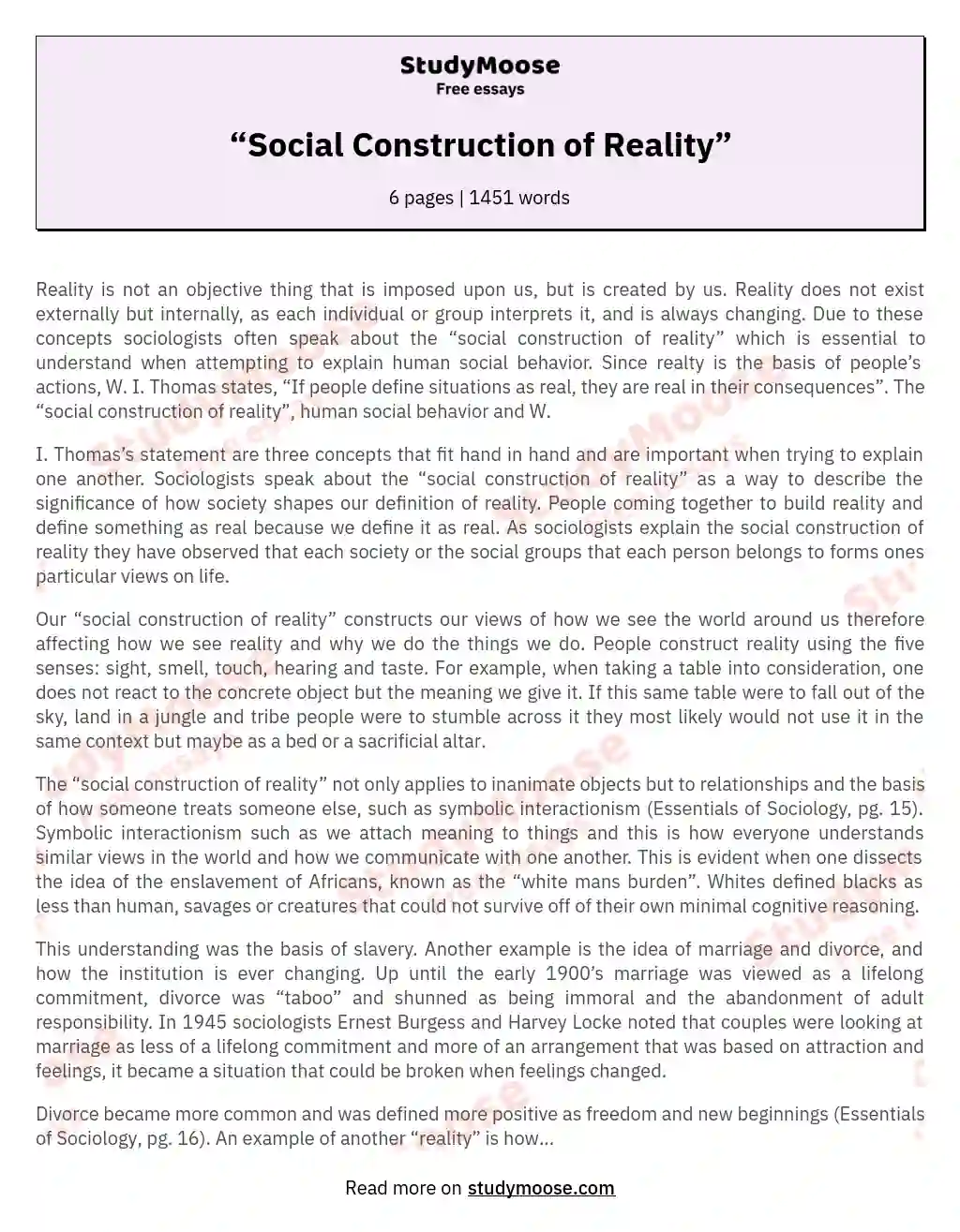 “Social Construction of Reality” essay