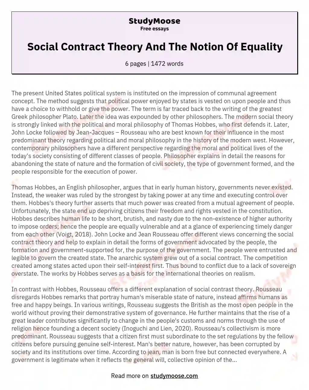 Social Contract Theory And The Notion Of Equality essay