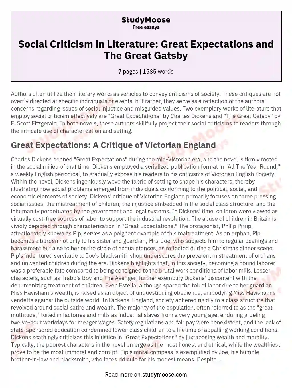 Social Criticism in Literature: Great Expectations and The Great Gatsby essay